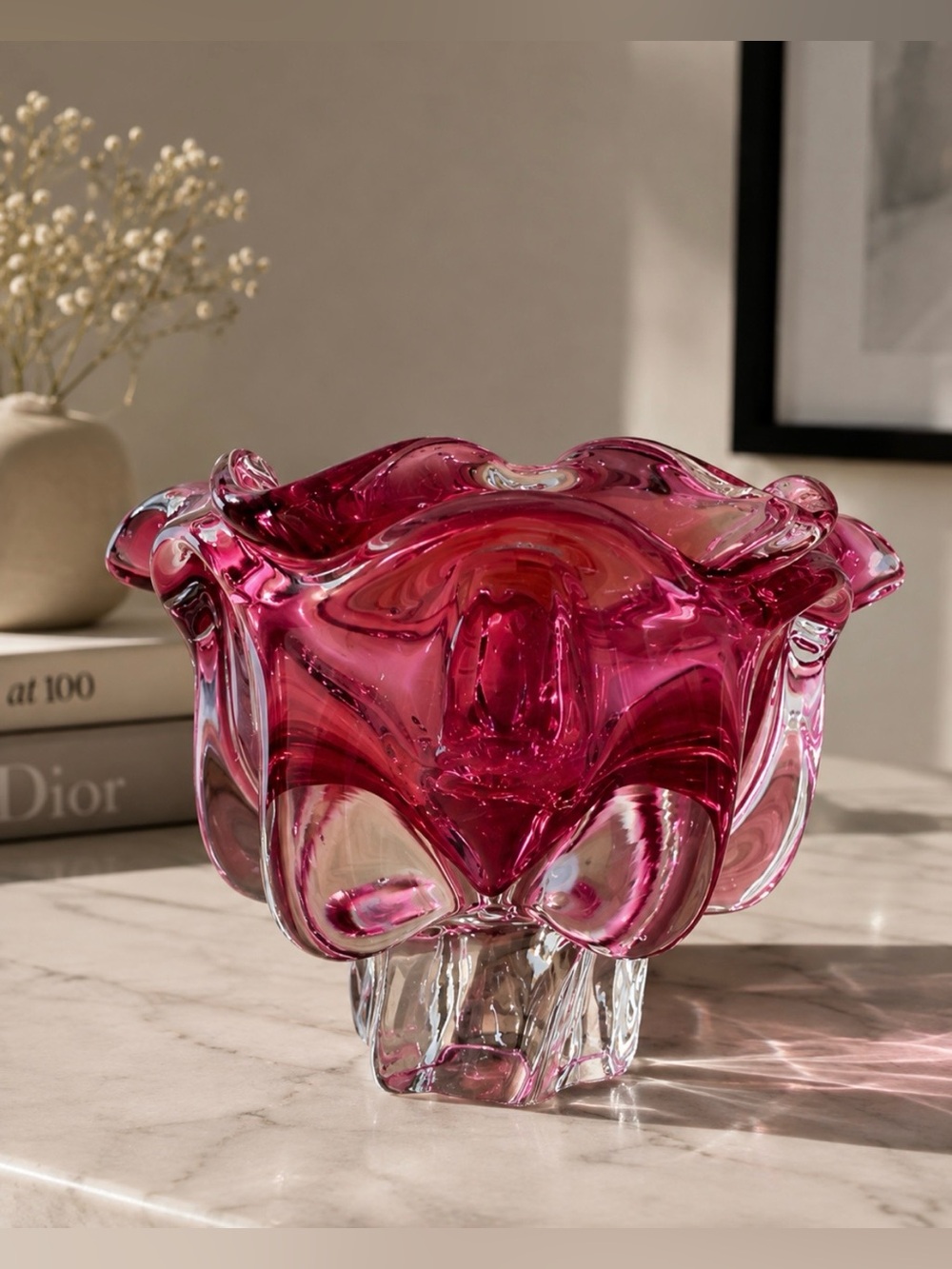 Bohemian Hand Cut Raspberry Glass Art Table Design Easter Boho Vase Home Decor